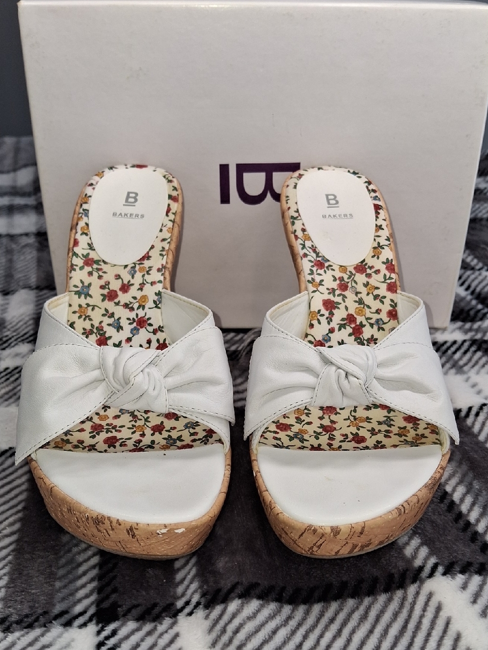Bakers White Knot Cork Platform Mules with Floral Insole